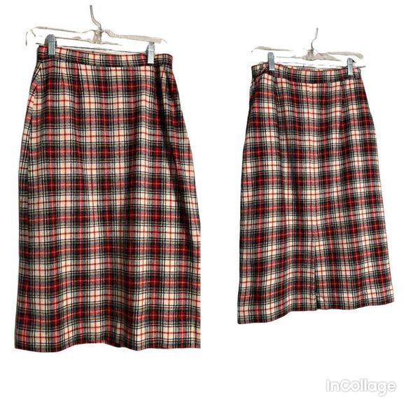 Vintage Pendleton Red Green Plaid Virgin Wool Skirt Sz 12 Waist 26” - Picture 2 of 12